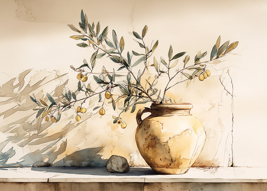 Timeless beauty with its motif of an antique pot adorned with olive branches.-12