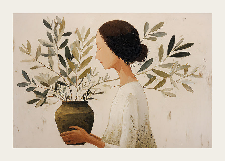 A woman with flowers creates an atmosphere of tranquility and harmony.-12