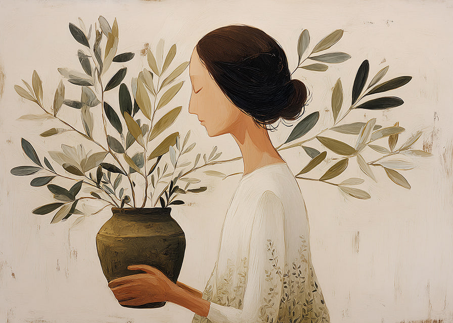 A woman with flowers creates an atmosphere of tranquility and harmony.-12