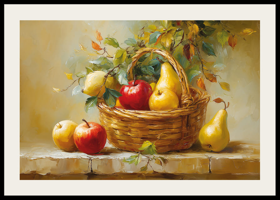 Kleurrijk fruit in een rieten mand met herfstbladeren.-12