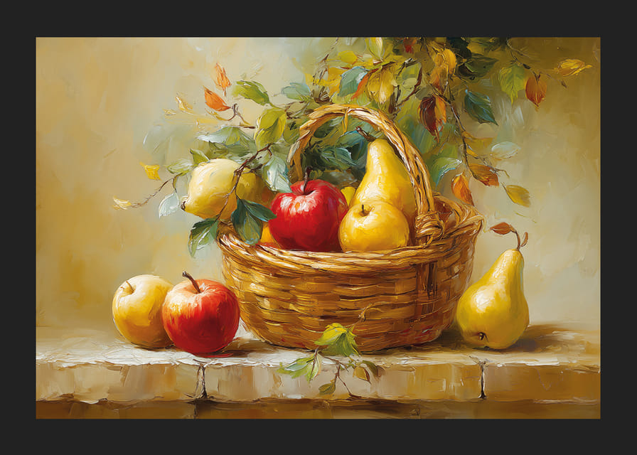 Kleurrijk fruit in een rieten mand met herfstbladeren.-12