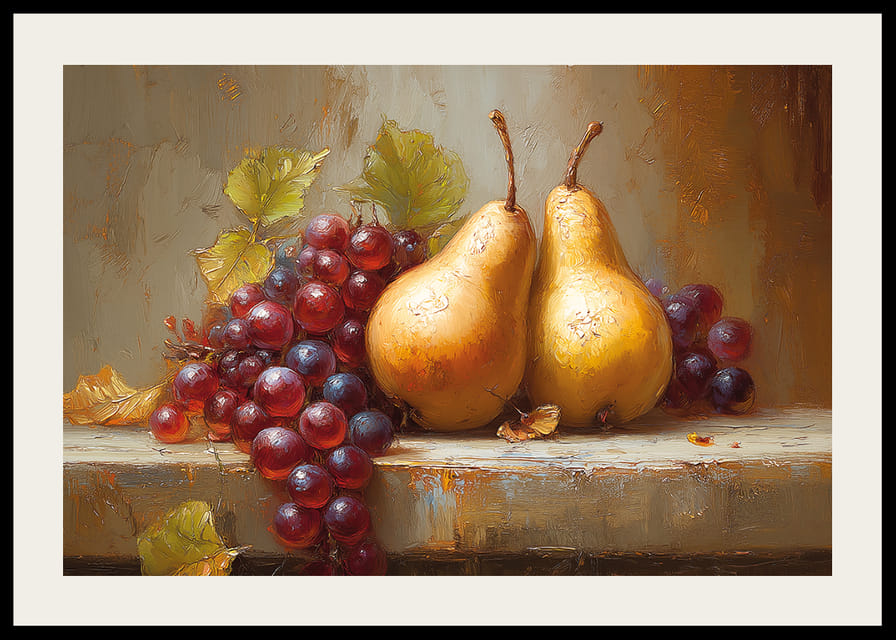 Twee gouden peren en druiven in het glinsterende herfstlicht.-12