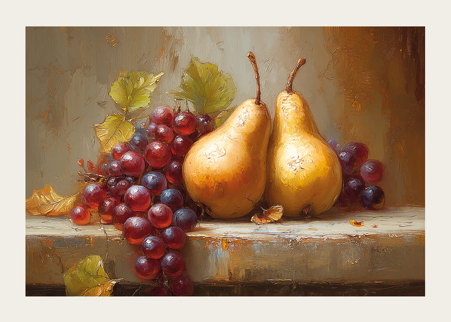 Twee gouden peren en druiven in het glinsterende herfstlicht.-12