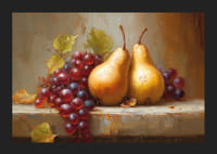 Twee gouden peren en druiven in het glinsterende herfstlicht.-5