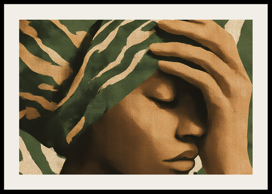 A meditative image in earthy tones with an elegant patterned shawl.-12