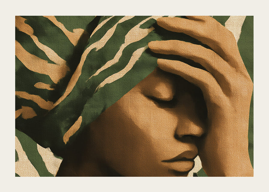 A meditative image in earthy tones with an elegant patterned shawl.-12