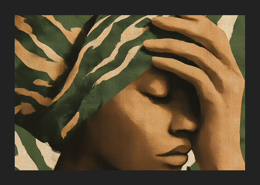 A meditative image in earthy tones with an elegant patterned shawl.-12