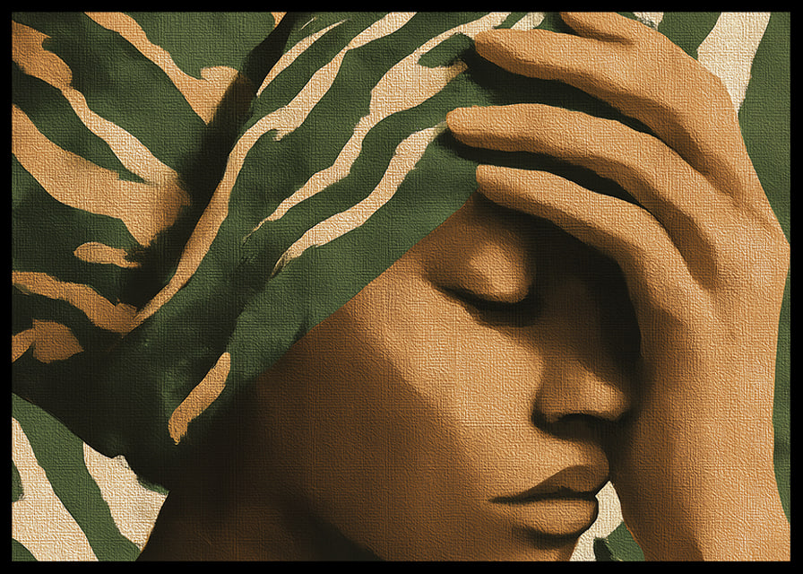 A meditative image in earthy tones with an elegant patterned shawl.-12