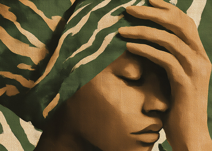 A meditative image in earthy tones with an elegant patterned shawl.-12