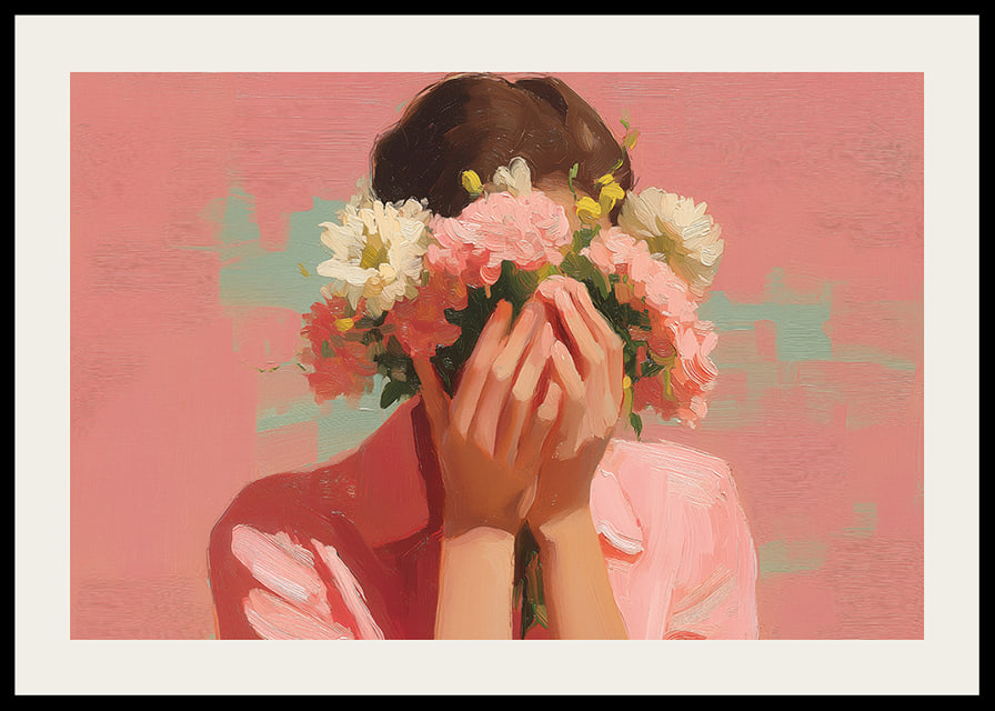 Mjuk pastell dräkt omger blommornas skönhet kring ett ansikte.-12