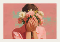 Mjuk pastell dräkt omger blommornas skönhet kring ett ansikte.-3