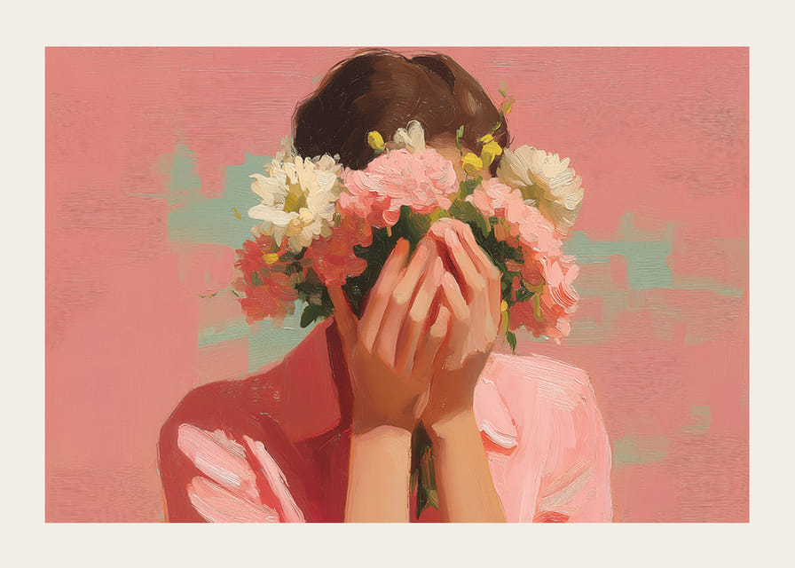 Mjuk pastell dräkt omger blommornas skönhet kring ett ansikte.-12