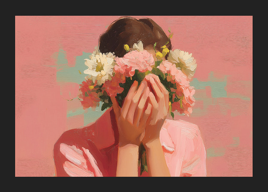 Mjuk pastell dräkt omger blommornas skönhet kring ett ansikte.-12