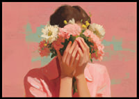 Mjuk pastell dräkt omger blommornas skönhet kring ett ansikte.-6