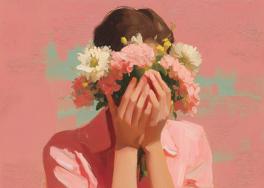 Mjuk pastell dräkt omger blommornas skönhet kring ett ansikte.-12