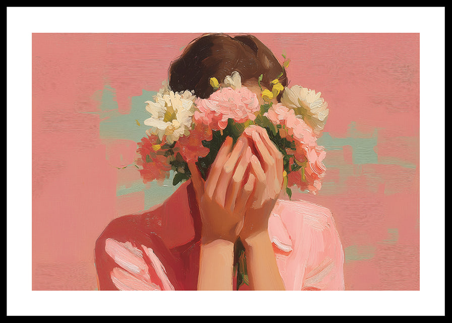 Mjuk pastell dräkt omger blommornas skönhet kring ett ansikte.-12