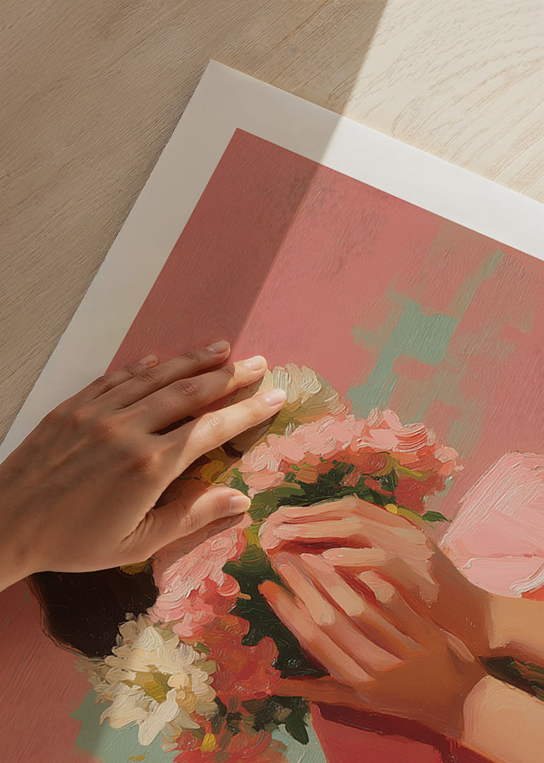 Mjuk pastell dräkt omger blommornas skönhet kring ett ansikte.-12