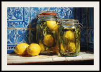 Zonnige citroenen schitteren tegen de blauwe tegels in een warm verlichte keuken.-2