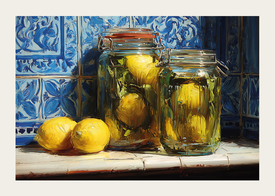 Zonnige citroenen schitteren tegen de blauwe tegels in een warm verlichte keuken.-12