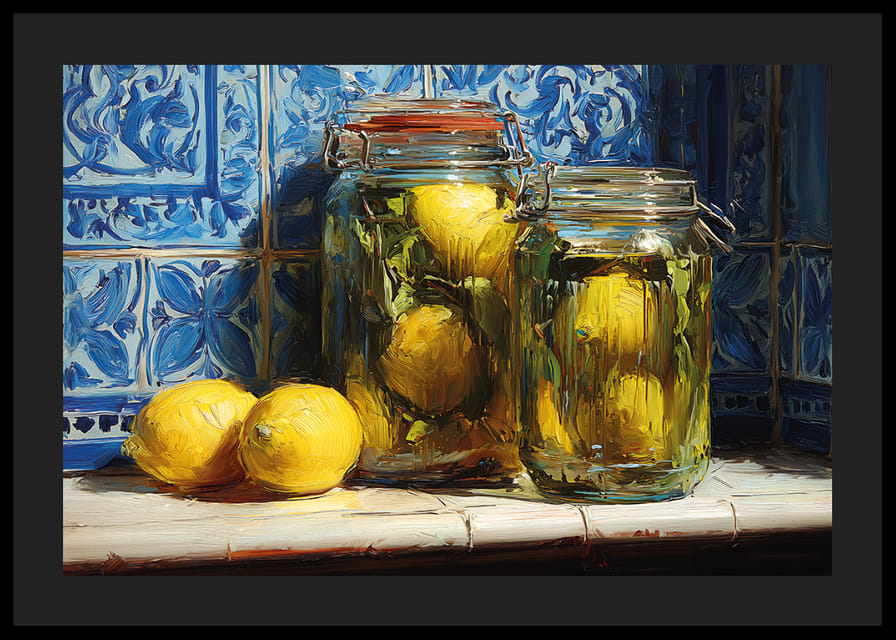 Zonnige citroenen schitteren tegen de blauwe tegels in een warm verlichte keuken.-12