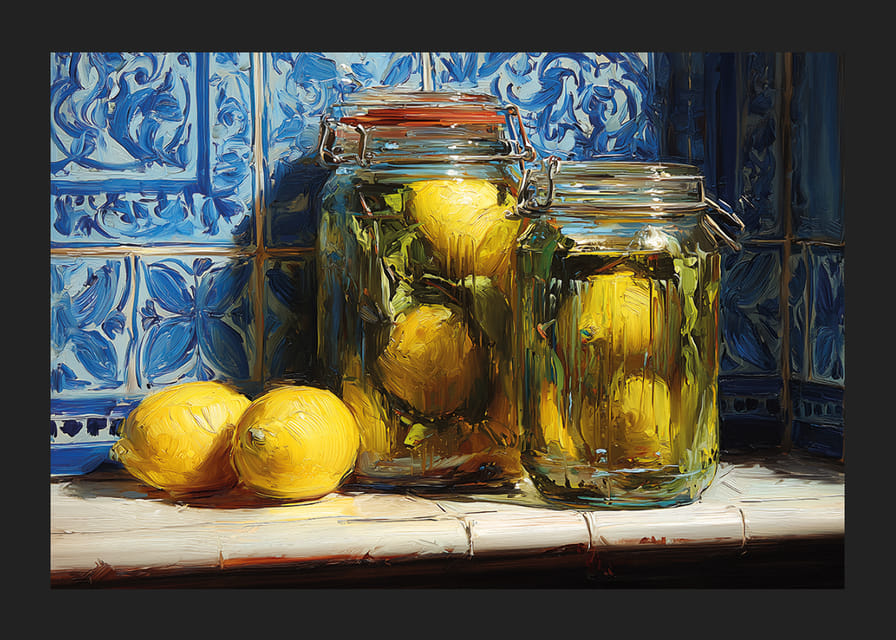 Zonnige citroenen schitteren tegen de blauwe tegels in een warm verlichte keuken.-12