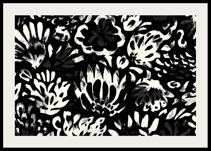 Svarta och vita blommor skapar ett dramatiskt mönster.-12