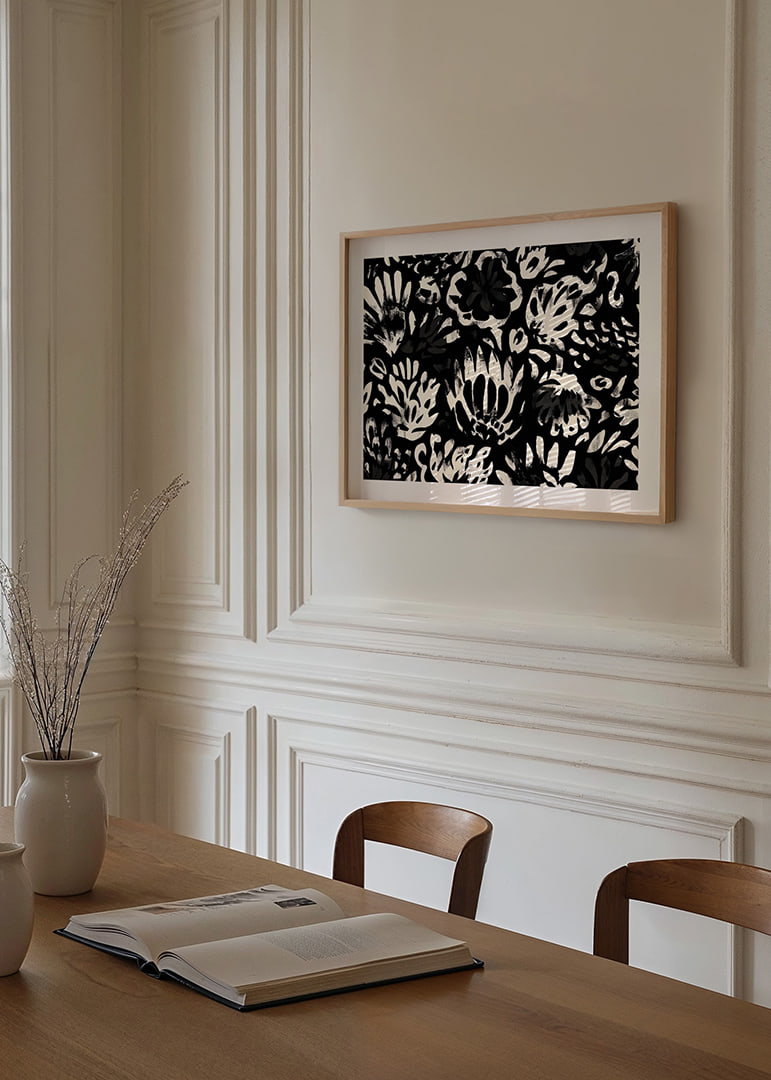 Black and white flowers create a dramatic pattern.-12