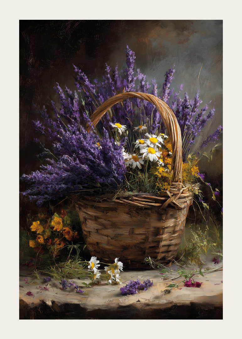 En korg fylld med lavendel och blommor sprider lugn och skönhet.-12