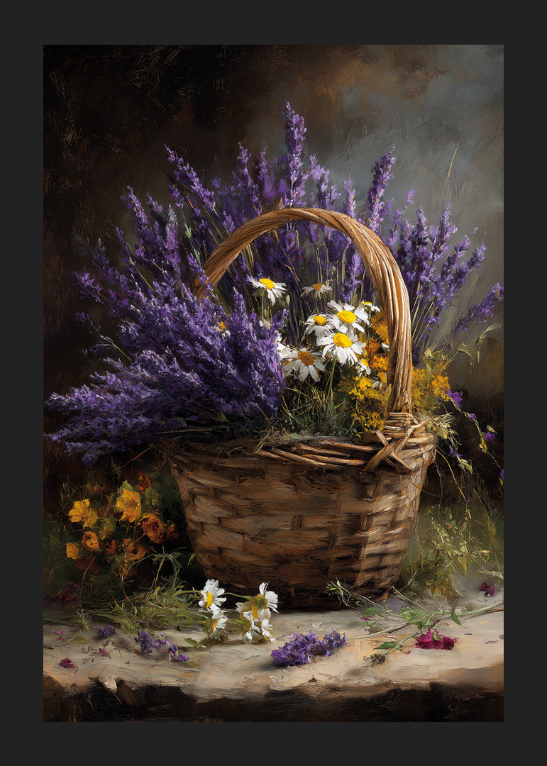 En korg fylld med lavendel och blommor sprider lugn och skönhet.-12