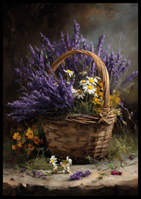 En korg fylld med lavendel och blommor sprider lugn och skönhet.-6