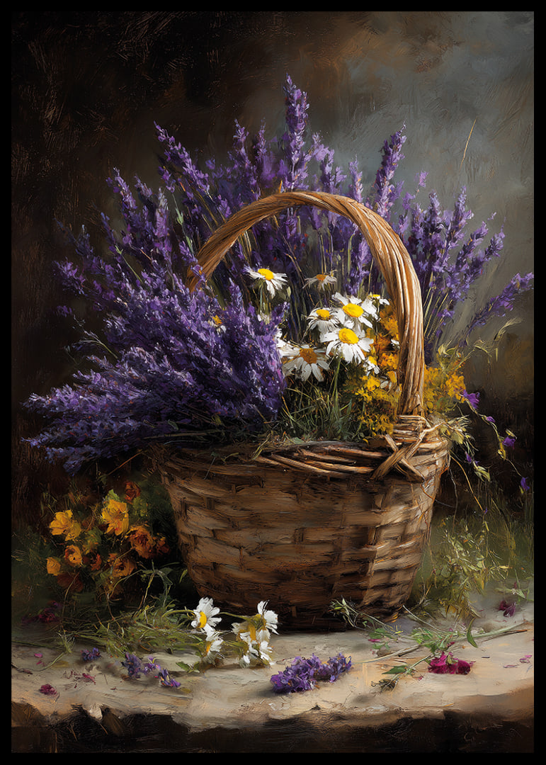 En korg fylld med lavendel och blommor sprider lugn och skönhet.-12