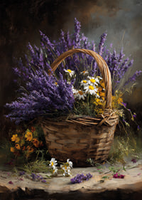 En korg fylld med lavendel och blommor sprider lugn och skönhet.-7