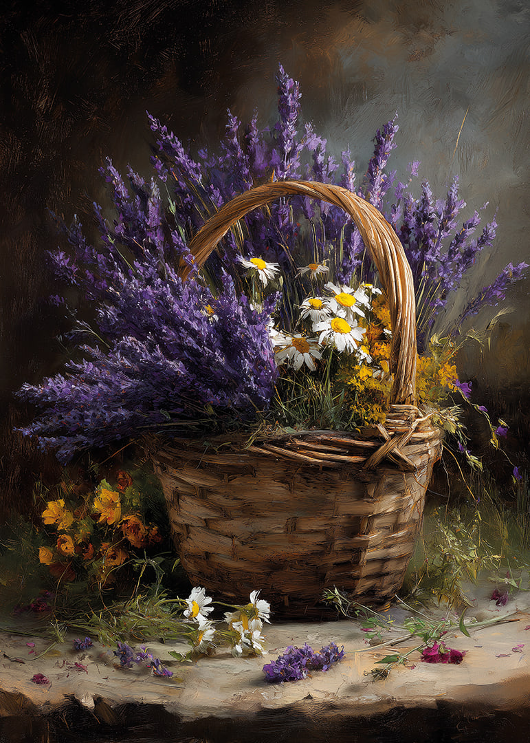 En korg fylld med lavendel och blommor sprider lugn och skönhet.-12