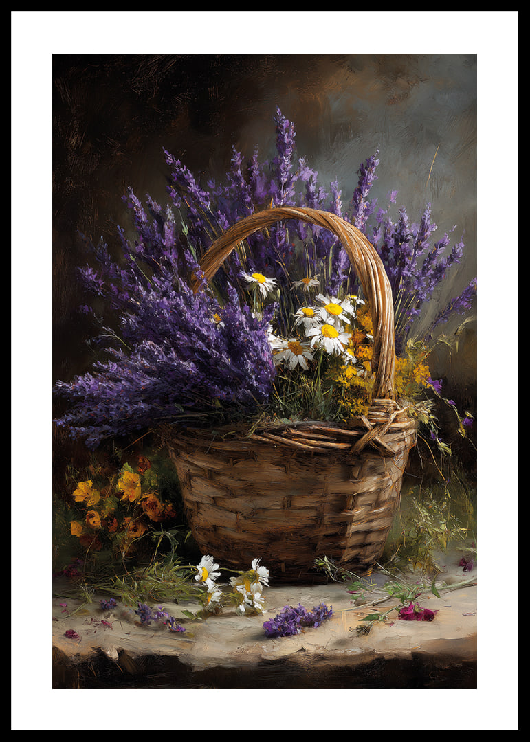 En korg fylld med lavendel och blommor sprider lugn och skönhet.-12