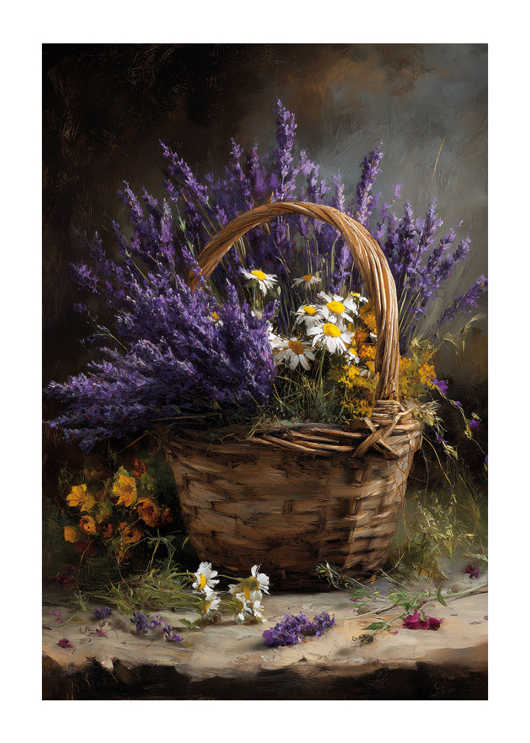 En korg fylld med lavendel och blommor sprider lugn och skönhet.-12