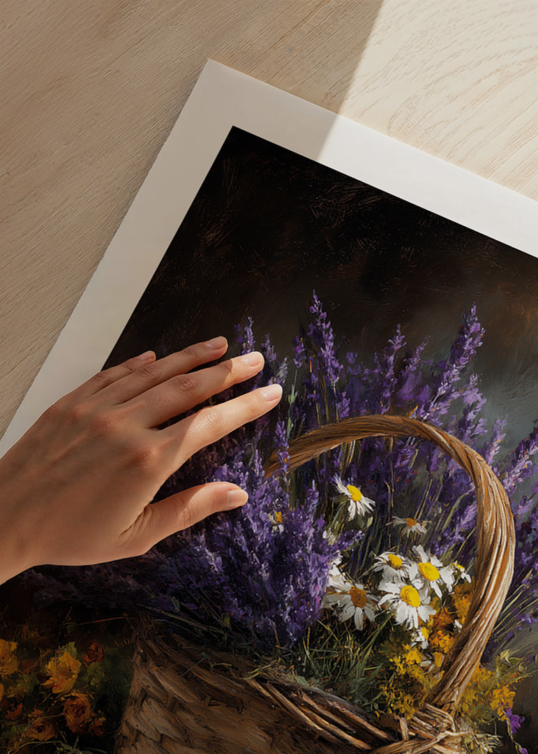 En korg fylld med lavendel och blommor sprider lugn och skönhet.-12