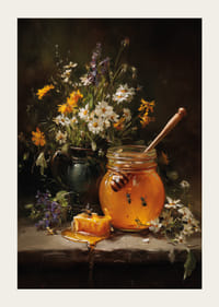 De jolies fleurs et du miel dans une nature morte harmonieuse.-3