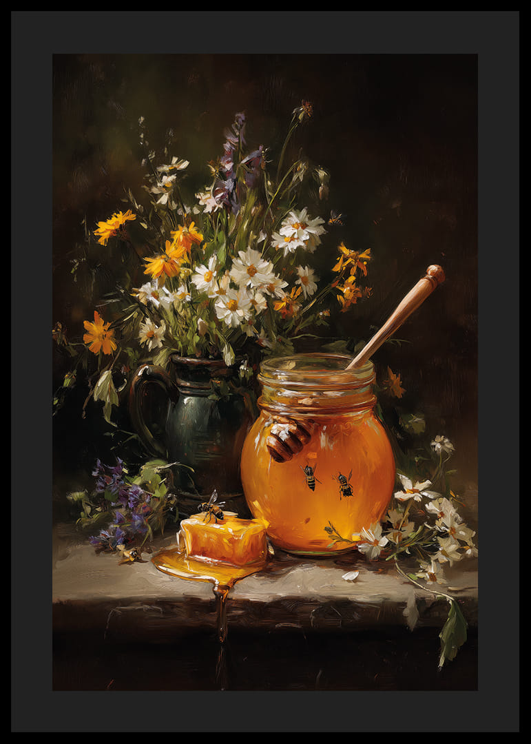 De jolies fleurs et du miel dans une nature morte harmonieuse.-12
