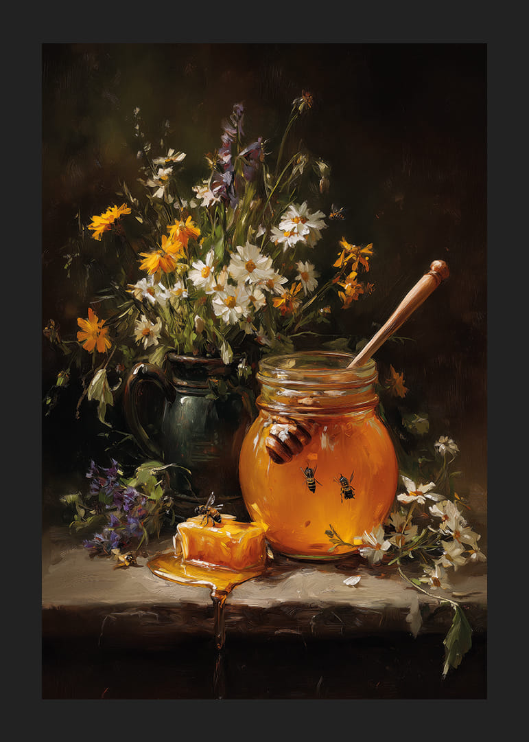 De jolies fleurs et du miel dans une nature morte harmonieuse.-12