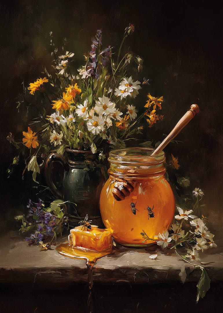 Lovely flowers and honey in a harmonious still life.-12