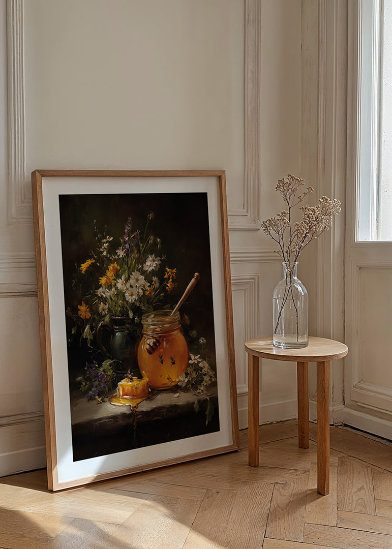 Lovely flowers and honey in a harmonious still life.-12