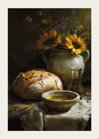 Stralende zonnebloemen en brood creëren warmte en rust.-3