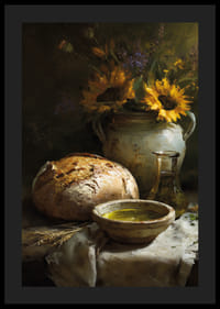 Stralende zonnebloemen en brood creëren warmte en rust.-4