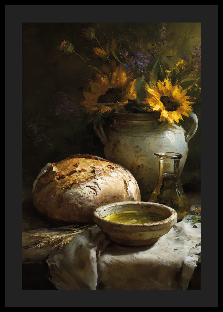 Stralende zonnebloemen en brood creëren warmte en rust.-12