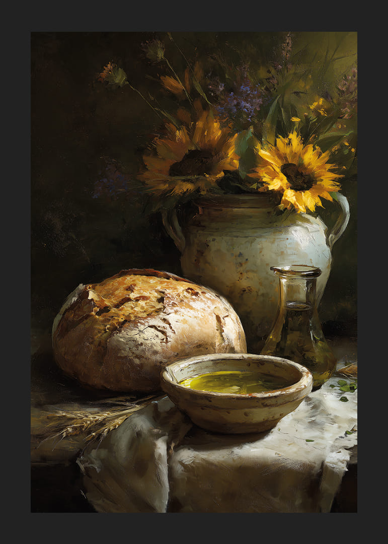Stralende zonnebloemen en brood creëren warmte en rust.-12