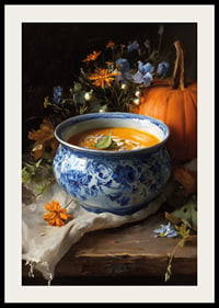 Bowl of creamy pumpkin soup surrounded by autumn flowers and a pumpkin.-2