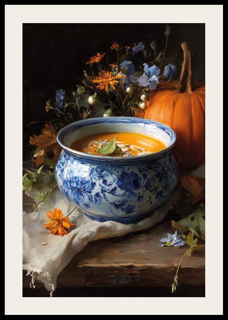 Bowl of creamy pumpkin soup surrounded by autumn flowers and a pumpkin.-12