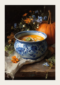 Bowl of creamy pumpkin soup surrounded by autumn flowers and a pumpkin.-3