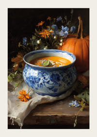 Bowl of creamy pumpkin soup surrounded by autumn flowers and a pumpkin.-3