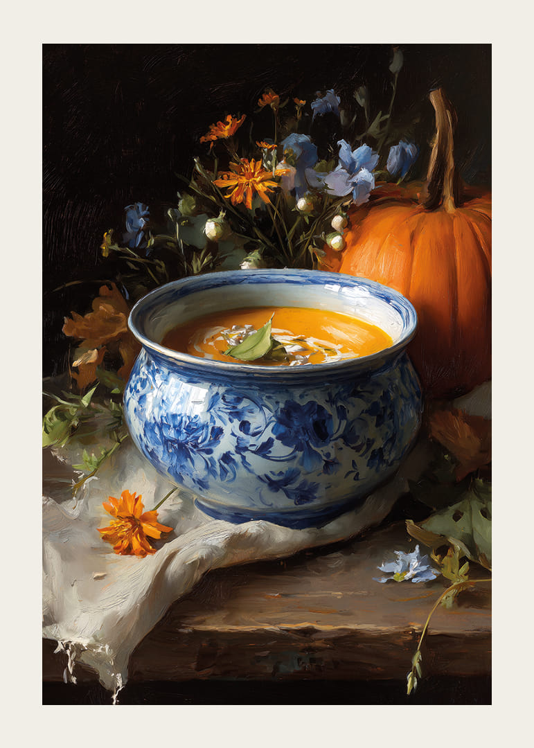 Bowl of creamy pumpkin soup surrounded by autumn flowers and a pumpkin.-12